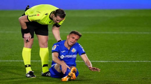 MADRID, SPAIN - FEBRUARY 09: Soufiane Chakla of Getafe CF reacts during the La Liga Santander match between Real Madrid and Getafe CF at Estadio Santiago Bernabeu on February 09, 2021 in Madrid, Spain. Sporting stadiums around Spain remain under strict restrictions due to the Coronavirus Pandemic as Government social distancing laws prohibit fans inside venues resulting in games being played behind closed doors. (Photo by Diego Souto/Quality Sport Images/Getty Images)