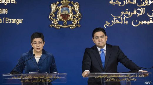Morocco's Foreign Affairs Minister Nasser Bourita attends a joint press conference with his Spanish counterpart Arancha Gonzalez Laya (L) in the capital Raban on January 24, 2020. (Photo by FADEL SENNA / AFP)