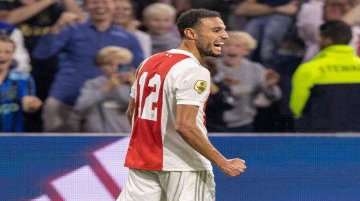 AMSTERDAM, NETHERLANDS - SEPTEMBER 25: (BILD OUT) Noussair Mazraoui of AFC Ajax celebrates after scoring his team?s 3:0 goal during the Dutch Eredivisie match between Ajax and FC Groningen at Johan Cruijff Arena on September 25, 2021 in Amsterdam, Netherlands. (Photo by NESImages/DeFodi Images via Getty Images)
