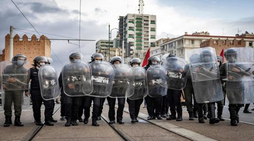 Moroccan riot police stand guard before demonstrators (unseen) protesting against the normalisation of ties with Israel in the capital Rabat on November 24, 2021. (Photo by FADEL SENNA / AFP) (Photo by FADEL SENNA/AFP via Getty Images)