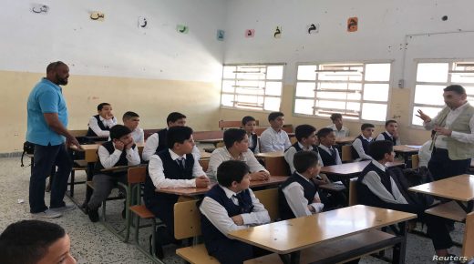 Libyan children attend class at a primary school while forces of rival government were fighting in a different port of town, in Tripoli, Libya June 10, 2019. Picture taken June 10, 2019. REUTERS/Ulf Laessing