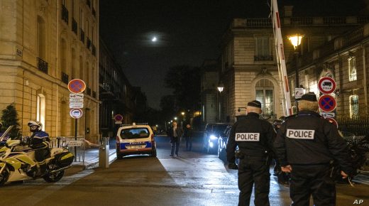 Police patrol a street after Vice President Kamala Harris departs from a bilateral meeting with French President Emmanuel Macron at Élysée Palace in Paris, Wednesday, Nov. 10, 2021. (Sarahbeth Maney/The New York Times via AP, Pool)