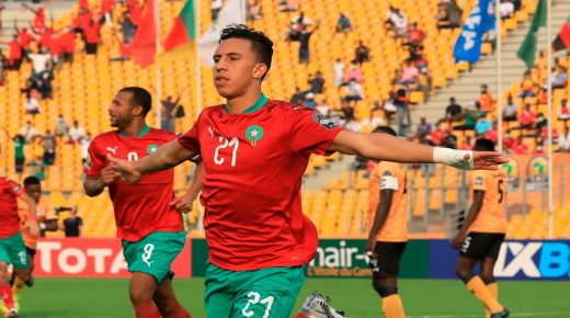 Morocco's Soufiane Rahimi celebrates after scoring a goal during the African Nations Championships (CHAN) football quarter final match between Morocco and Zambia at Stade de la Reunification in Douala, Cameroon, on January 31, 2021. (Photo by Daniel BELOUMOU OLOMO / AFP) (Photo by DANIEL BELOUMOU OLOMO/AFP via Getty Images)
