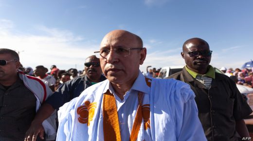 The Union pour la Republique (UPR) party candidate for the presidential elections, Mohamed O. Gazhouani, supported by the running political party, arrives for a meeting in Chinguetti on April 11, 2019. - The first round of presidential elections will take place in June 2019. (Photo by Carmen Abd Ali / AFP)