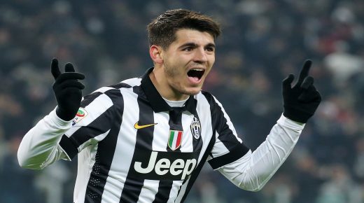 Juventus' forward Alvaro Morata of Spain celebrates after scoring on February 7, 2015 during an Italian Serie A football match Juventus vs. AC Milan at the Juventus Stadium in Turin. AFP PHOTO / MARCO BERTORELLO (Photo credit should read MARCO BERTORELLO/AFP via Getty Images)