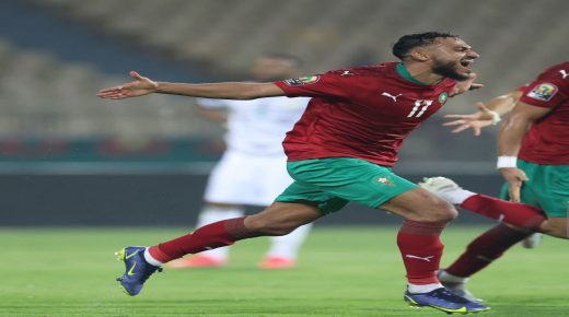 Morocco's forward Sofiane Boufal (L) celebrates after scoring a goal during the Africa Cup of Nations (CAN) 2021 football match between Morrocco and Ghana at Ahmadou-Ahidjoe stadium in Yaounde, on January 10, 2022. (Photo by Kenzo Tribouillard / AFP) (Photo by KENZO TRIBOUILLARD/AFP via Getty Images)