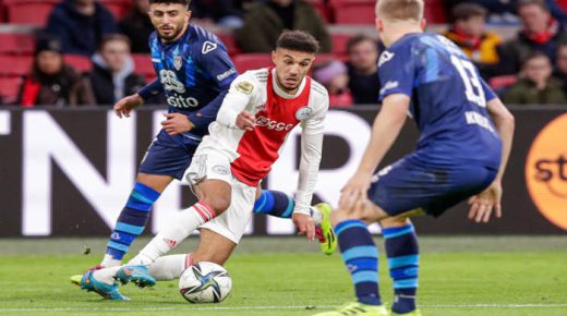 AMSTERDAM, NETHERLANDS - FEBRUARY 6: Noussair Mazraoui of Ajax during the Dutch Eredivisie match between Ajax and Heracles Almelo at Johan Cruijff Arena on February 6, 2022 in Amsterdam, Netherlands (Photo by Peter Lous/BSR Agency/Getty Images)