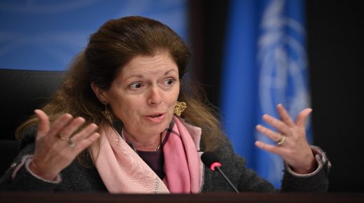Deputy Special Representative of the UN Secretary-General for Political Affairs in Libya Stephanie Williams gestures as she speaks during a press conference in Geneva on February 5, 2021, following the election of a new interim government for Libya during the Libyan Political Dialogue Forum. - Libyan delegates at UN-led talks outside Geneva made the surprise choice of Abdul Hamid Dbeibah as prime minister of a transitional unity government to take the war-ravaged country through to elections in December. (Photo by Fabrice COFFRINI / AFP)