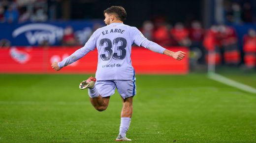 PAMPLONA, SPAIN - DECEMBER 12: Abdessamad Ezzalzouli of FC Barcelona celebrates after scoring his team's second goal during the La Liga Santander match between CA Osasuna and FC Barcelona at Estadio El Sadar on December 12, 2021 in Pamplona, Spain. (Photo by Quality Sport Images/Getty Images)