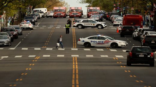WASHINGTON, DC - APRIL 22: A row of ambulances stand at the crest of a hill along Connecticut Avenue Northwest after a shooting in the area left at least three people injured on April 22, 2022 in Washington, DC. Police evacuated residents from around the shooting Friday afternoon and there was a person arrested at the scene. (Photo by Chip Somodevilla/Getty Images)