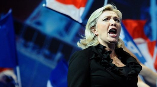 TOPSHOTS
President of French far-right party Front national (FN) and candidate for the 2012 French presidential election Marine Le Pen gives a speech during a campaign meeting, on April 17, 2012 in Paris. AFP PHOTO / MARTIN BUREAU (Photo credit should read MARTIN BUREAU/AFP/Getty Images)