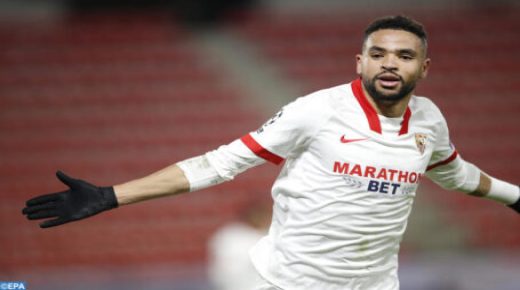 epa08871395 Sevilla's Youssef En-Nesyri celebrates after scoring the 0-2 during the UEFA Champions League group E soccer match between Stade Rennes and Sevilla FC in Rennes, France, 08 December 2020. EPA-EFE/Yoan Valat