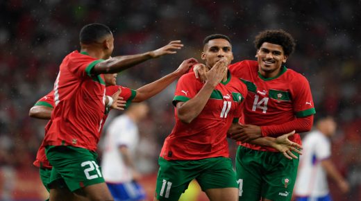 Morocco's forward Abdelhamid Sabiri (C) celebrates scoring his team's second goal during the international friendly football match between Chile and Morocco at the Cornella-El Prat stadium in Cornella de Llobregat on September 23, 2022. (Photo by Josep LAGO / AFP) (Photo by JOSEP LAGO/AFP via Getty Images)
