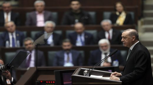 ANKARA, TURKIYE - MARCH 01: Turkish President and Leader of the Justice and Development (AK) Party, Recep Tayyip Erdogan speaks during his party's group meeting at the Turkish Grand National Assembly in Ankara, Turkiye on March 01, 2023. (Photo by Halil Sagirkaya/Anadolu Agency via Getty Images)