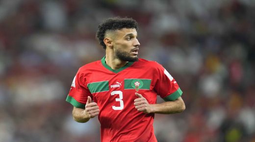 AL RAYYAN, QATAR - DECEMBER 06: Noussair Mazraoui of Morocco looks on during the FIFA World Cup Qatar 2022 Round of 16 match between Morocco and Spain at Education City Stadium on December 6, 2022 in Al Rayyan, Qatar. (Photo by Ulrik Pedersen/DeFodi Images via Getty Images)