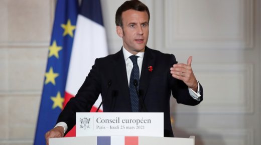 FILE PHOTO: French President Emmanuel Macron delivers a press conference after a European Council summit held over video-conference at the Elysee Palace in Paris, France, March 25, 2021. REUTERS/Benoit Tessier/Pool/File Photo