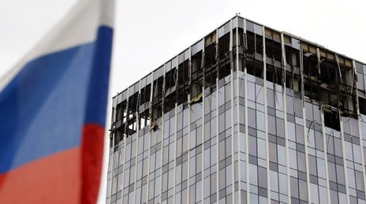 epa10765759 A damaged building following a drone attack in Moscow, Russia, 24 July 2023. The Russian Ministry of Defense on 24 July accused Ukraine of carrying out an attack with two unmanned aerial vehicles (UAV) against facilities in Moscow, adding that the attack was foiled and the two UAVs 'were suppressed by means of electronic warfare and crashed' leaving no casualties. EPA/MAXIM SHIPENKOV