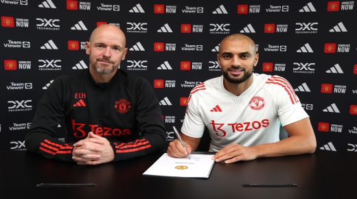 MANCHESTER, ENGLAND - SEPTEMBER 02: (EXCLUSIVE COVERAGE) Sofyan Amrabat of Manchester United poses with Manager Erik ten Hag after signing for the club at Carrington Training Ground on September 02, 2023 in Manchester, England. (Photo by Manchester United/Manchester United via Getty Images)