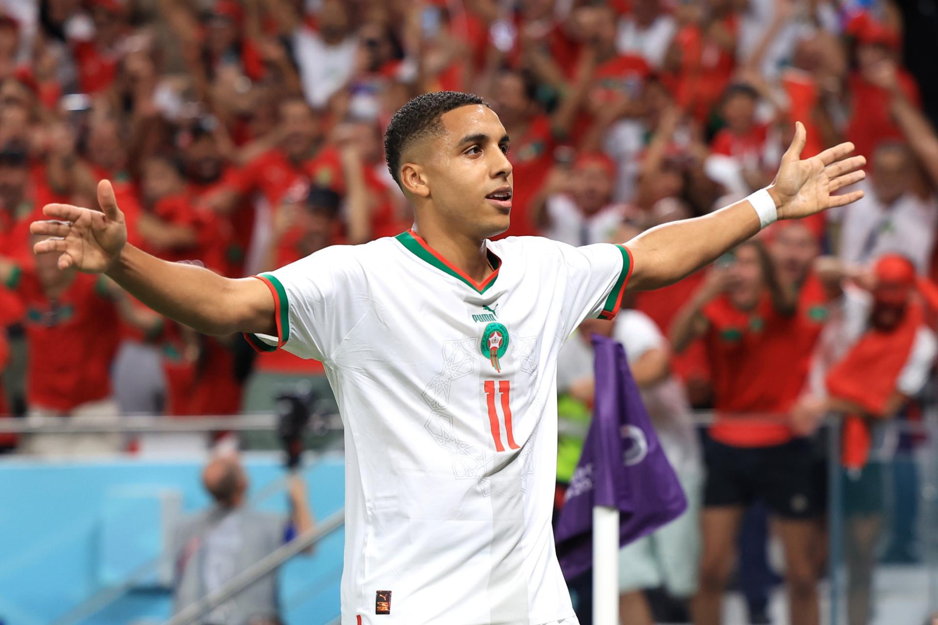 DOHA, QATAR - NOVEMBER 27: Abdelhamid Sabiri of Morocco celebrates after scoring their team's first goal during the FIFA World Cup Qatar 2022 Group F match between Belgium and Morocco at Al Thumama Stadium on November 27, 2022 in Doha, Qatar. (Photo by Buda Mendes/Getty Images)