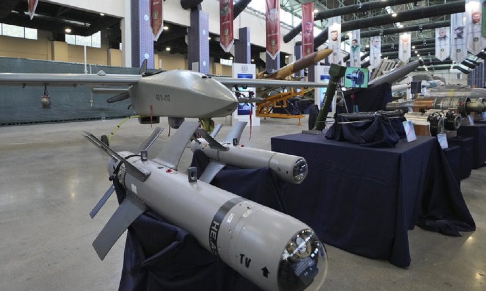 FILE - Iran's domestically built drones and weapons are displayed in an exhibition in a military compound belonging to the Defense Ministry, in Tehran, Iran, Aug. 23, 2023. The U.S. has imposed sanctions on seven people and four companies in China, Russia and Turkey who officials allege are connected with the development of Iran’s drone program. (AP Photo/Vahid Salemi, File)
