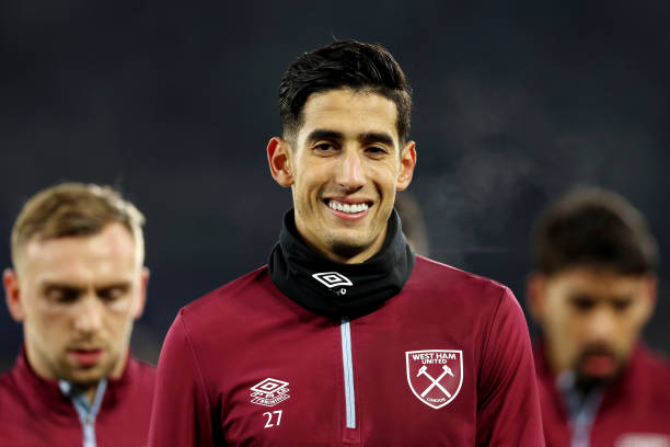 LONDON, ENGLAND - DECEMBER 14: Nayef Aguerd of West Ham United warms up prior to the UEFA Europa League 2023/24 match between West Ham United and Sport-Club Freiburg at London Stadium on December 14, 2023 in London, England. (Photo by Eddie Keogh/Getty Images)