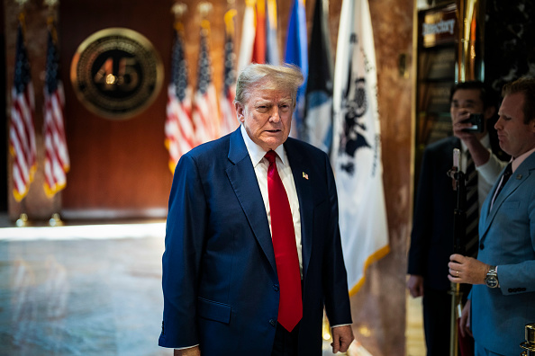 New York, NY - May 31 : Former President Donald Trump walks out to speak at a news conference from the lobby of Trump Tower the day after being found guilty on 34 felony counts of falsifying business records in the first degree at Manhattan Criminal Court, in New York, NY on Friday, May 31, 2024. Trump became the first former president to be convicted of felony crimes as a New York jury found him guilty of 34 felony counts of falsifying business records in a scheme to illegally influence the 2016 election through hush money payments to a porn actor who said the two had sex. (Photo by Jabin Botsford/The Washington Post via Getty Images)