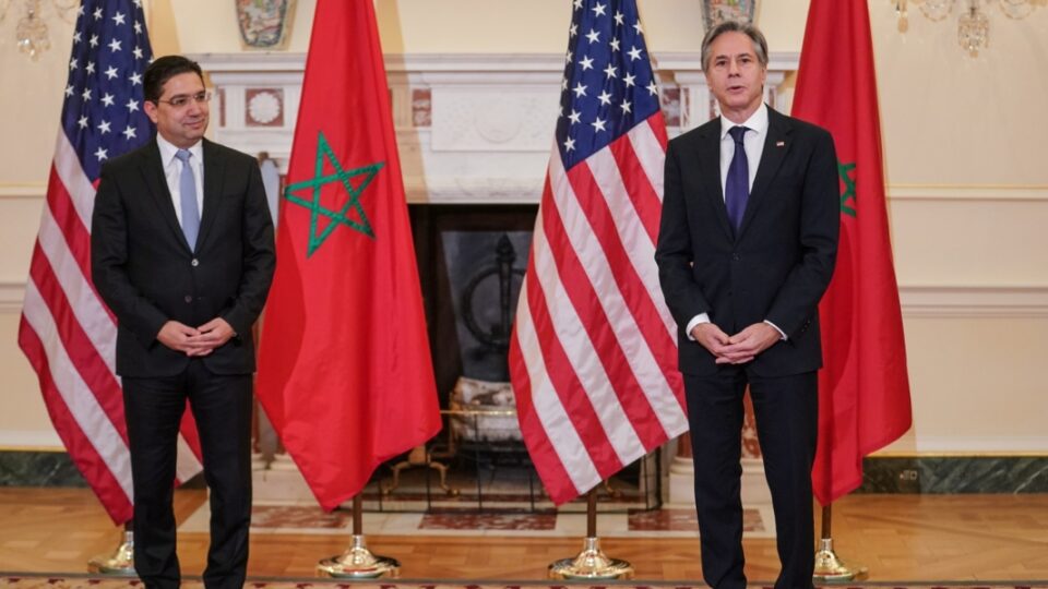 U.S. Secretary of State Antony Blinken delivers remarks during a meeting with Morocco's Foreign Minister Nasser Bourita at the State Department in Washington, U.S., November 22, 2021. REUTERS/Sarah Silbiger/Pool