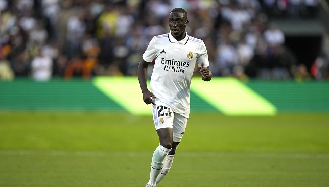 SAN FRANCISCO, CALIFORNIA - JULY 26: Ferland Mendy #23 of Real Madrid controls the ball dribbling up field against Club America in the first half of the Soccer Champions Tour 22 during a pre-season friendly soccer game at Oracle Park on July 26, 2022 in San Francisco, California. (Photo by Thearon W. Henderson/Getty Images)