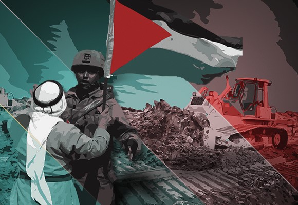 صورة مركبة لفلسطيني بالعلم الفلسطيني وجندي إسرائيلي وفي الخلفية تجريف أراضي