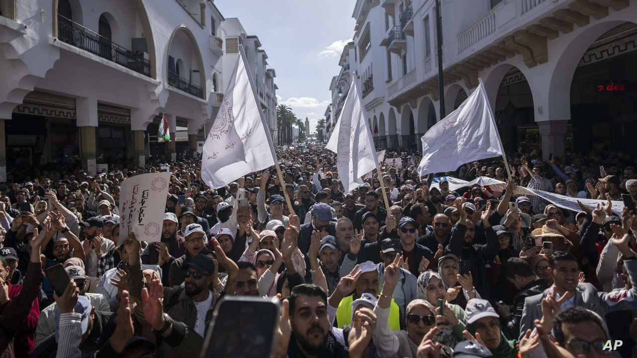 Thousands of teachers stage a demonstration as they take part in a national strike, in Rabat, Morocco, Tuesday, Nov. 7, 2023. The Ministry of Education estimated that 90,000 teachers, around 30% of the total workforce in the education sector, are currently on strike against their working conditions. (AP Photo/Mosa'ab Elshamy)