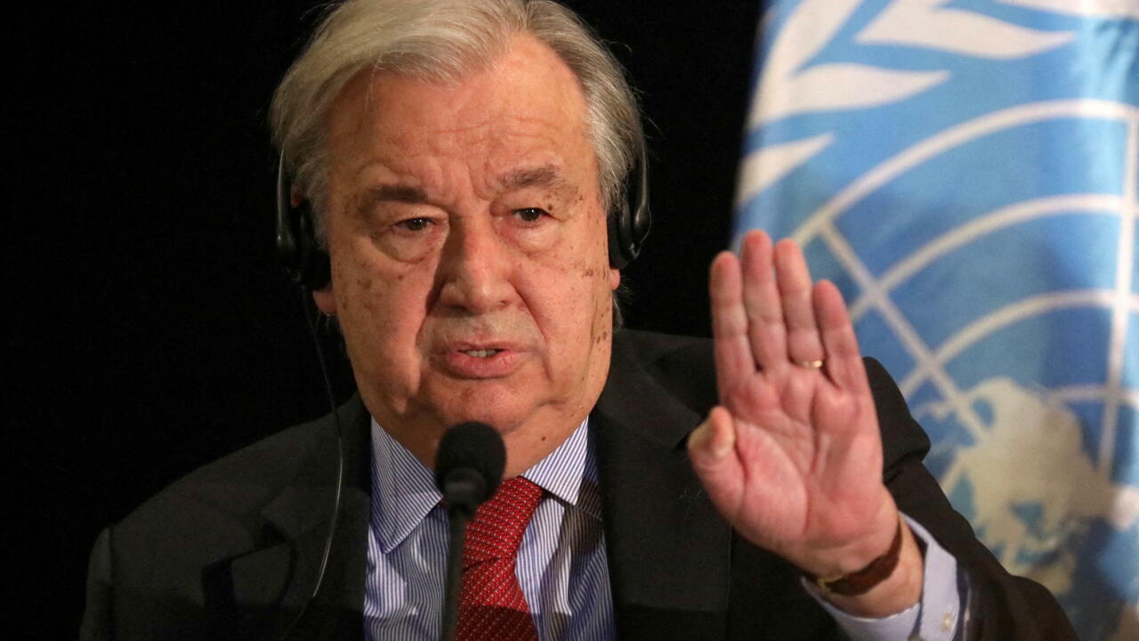 FILE PHOTO: United Nations Secretary-General Antonio Guterres gestures as he attends a news conference at the end of his visit to Lebanon, in Beirut, Lebanon December 21, 2021. REUTERS/Mohamed Azakir/File Photo
