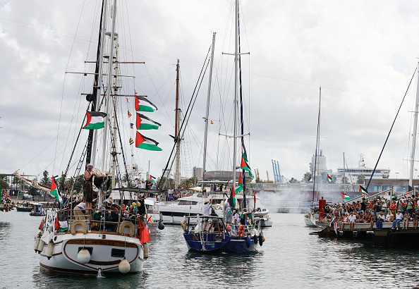 BARCELONA, SPAIN - AUGUST 31: Global Sumud Flotilla, an international civilian aid fleet including activists, artists, politicians, doctors, and journalists of more than 44 countries, set sail from Barcelona, Spain, bound for Gaza on August 31, 2025. In solidarity with Palestine and to break Israel's blockade, the Global Sumud Flotilla will set sail from the Port of Barcelona and then from Italy, Greece, and Tunisia into the Mediterranean Sea. (Photo by Esra Hacioglu/Anadolu via Getty Images)
