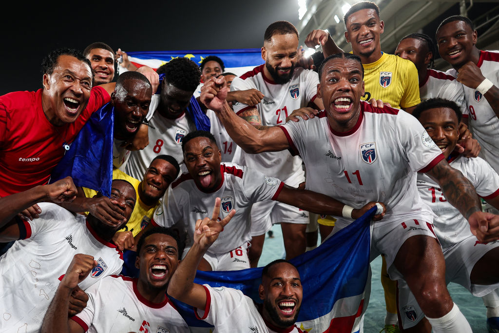 Cape Verde's players celebrate after the victory at the end of the Africa Cup of Nations (CAN) 2024 round of 16 football match between Cape Verde and Mauritania at the Felix Houphouet-Boigny Stadium in Abidjan on January 29, 2024. (Photo by FRANCK FIFE / AFP) (Photo by FRANCK FIFE/AFP via Getty Images)