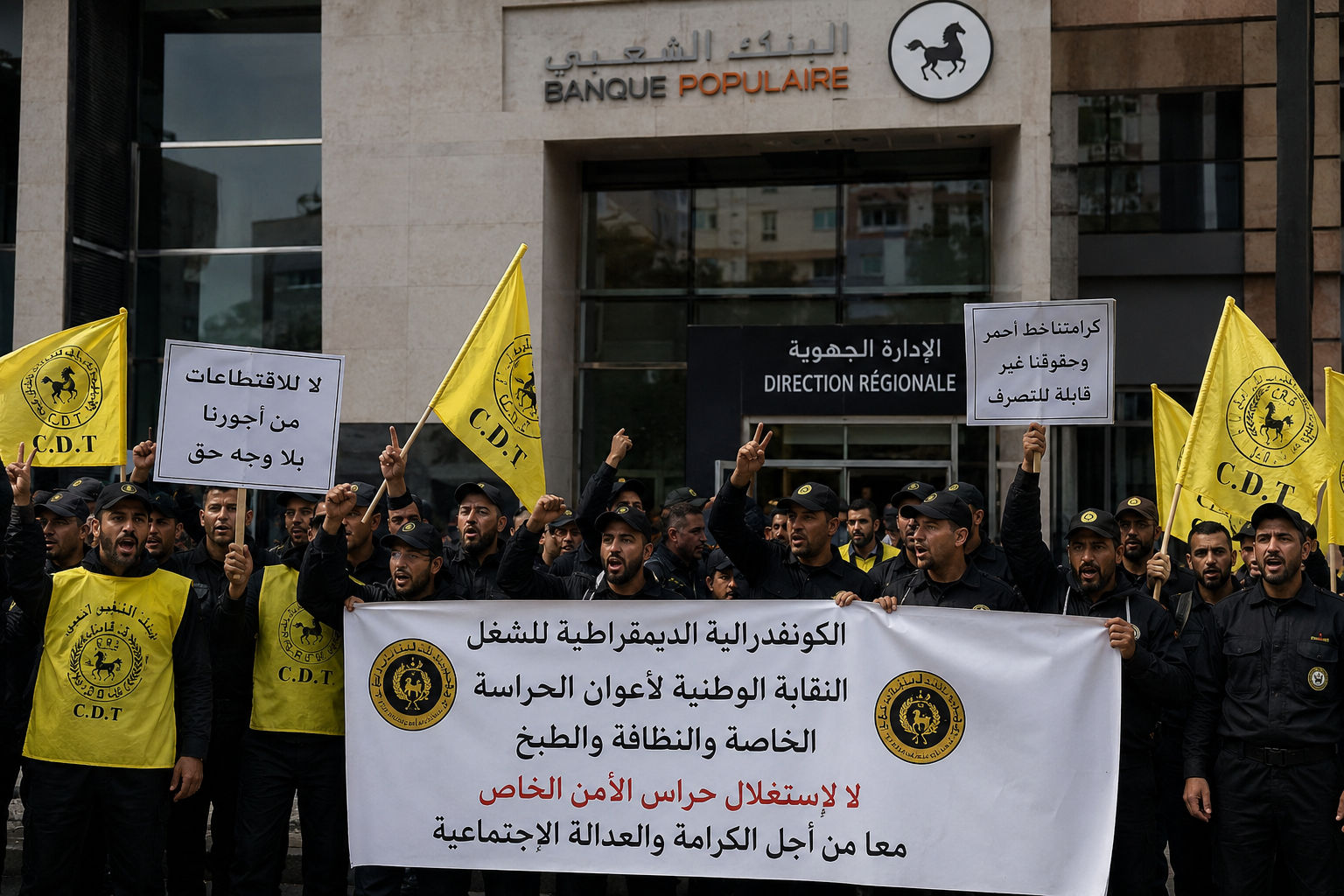 تصعيد نقابي بوجدة: اعتصام مرتقب أمام الإدارة الجهوية للبنك الشعبي احتجاجا على ما تصفه CDT بانتهاك حقوق حراس الأمن الخاص